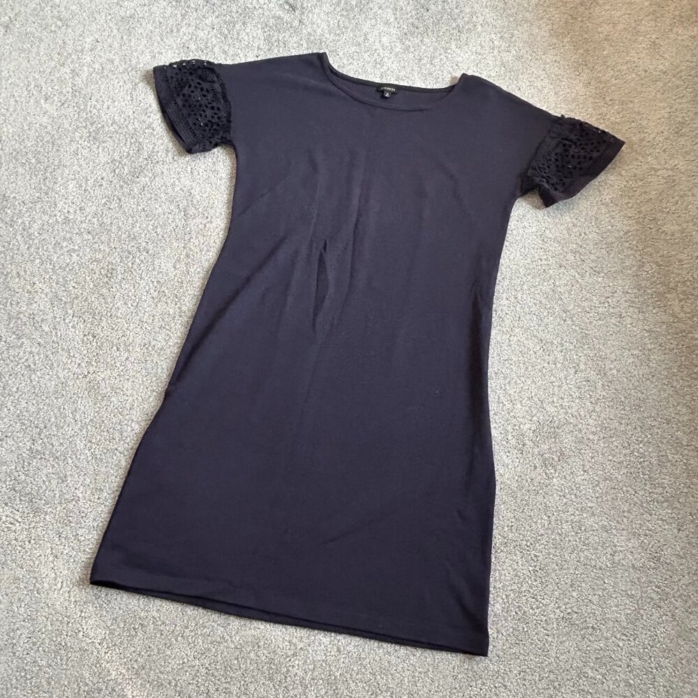 - Talbots Loose Blue Shirt Dress Lace Sleeves Stretchy 100% Cotton MED   - P2015